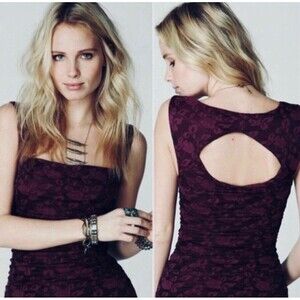 Free People Bodycon Mini Dress M Purple Floral Lace Ruched Dark Romantic Whimsy